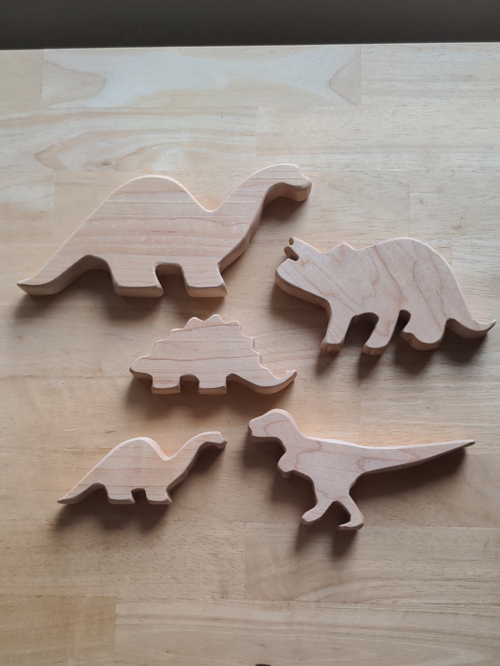 Handmade Natural Wood Dinosaur Set Of 5 Open-ended Play, Triceratops, Brontosaur
